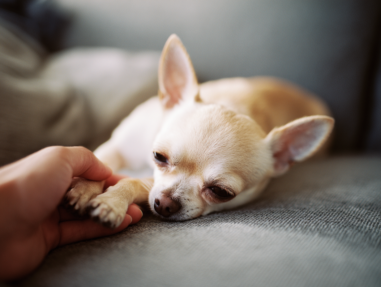 Schlafender Chihuahua hält menschliche Hand auf einer grauen Couch