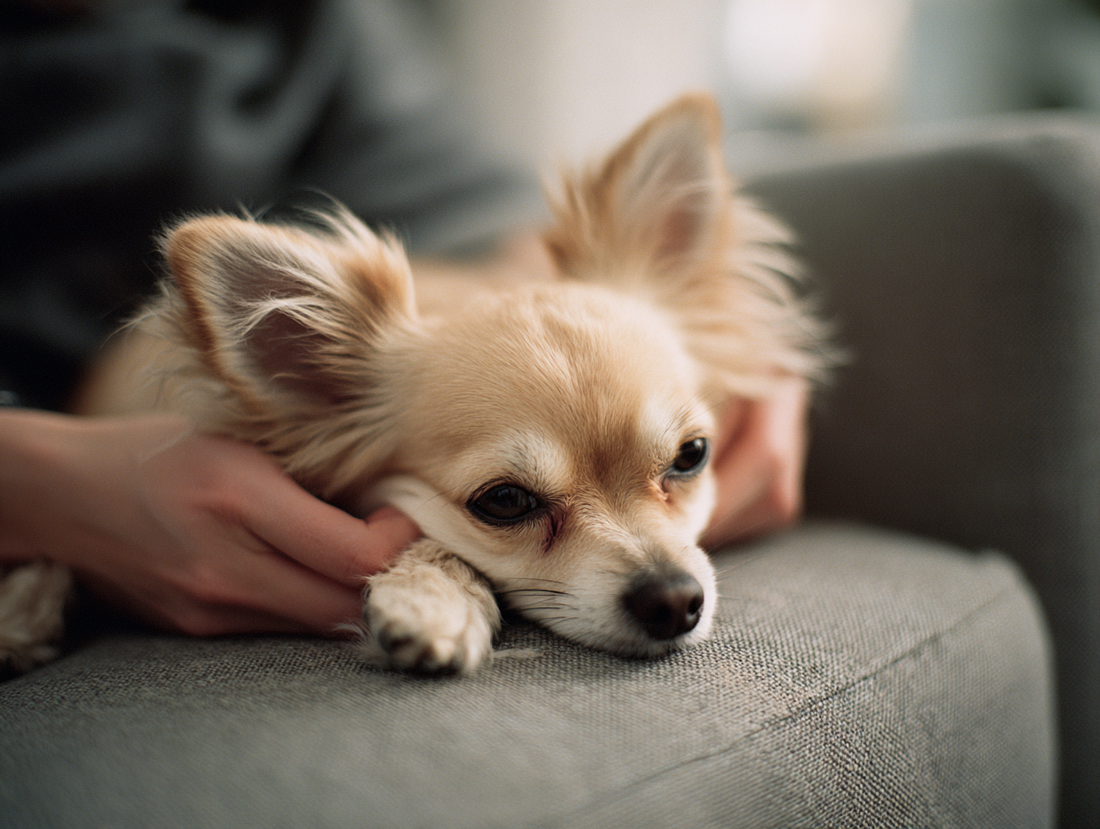 Person tröstet einen traurigen Chihuahua auf einer Couch