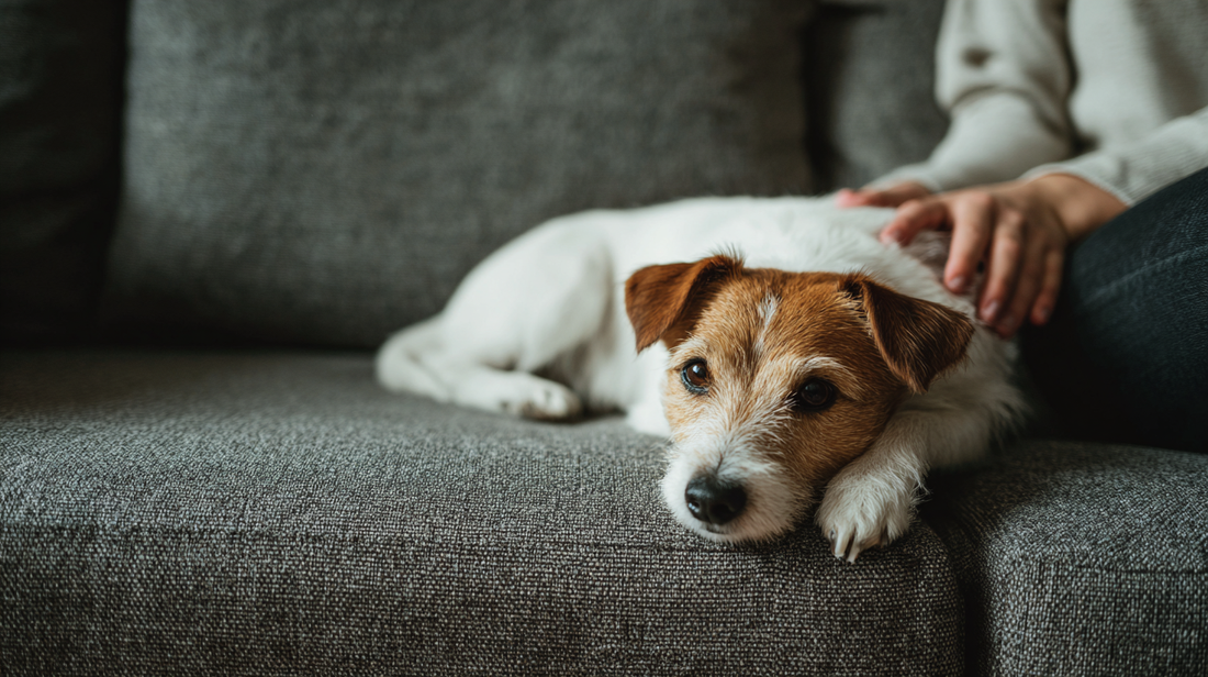 Terrier Jack Russell détendu, couché sur un canapé gris, se faisant gentiment caresser.