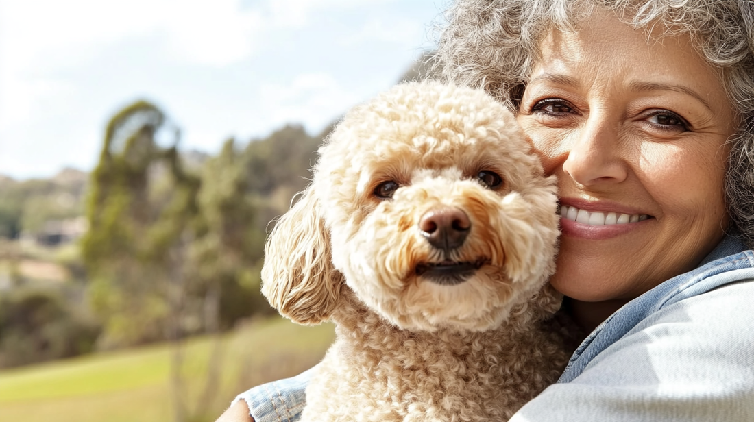 Smiling senior woman hugging her curly-haired poodle outdoors in a sunny park