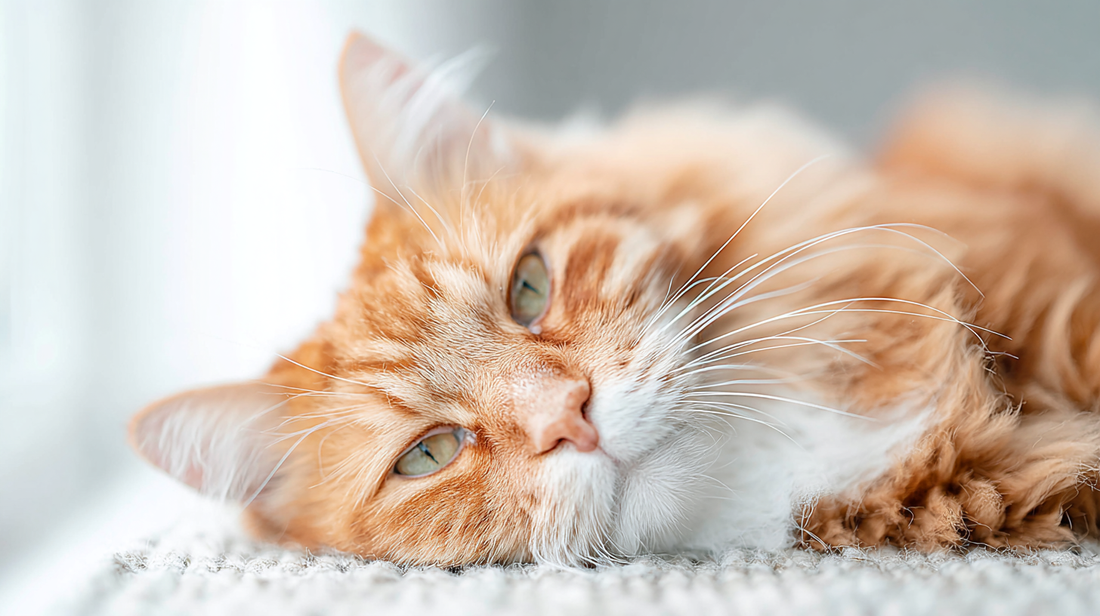 Nahaufnahme einer entspannten orangefarbenen getigerten Katze, die mit verträumten Augen auf einem weichen Teppich liegt