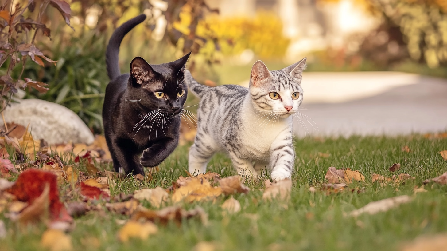 Two cats walking together on grass covered with autumn leaves - one black cat with yellow eyes and one silver tabby with white markings, both moving through a garden with fall foliage.