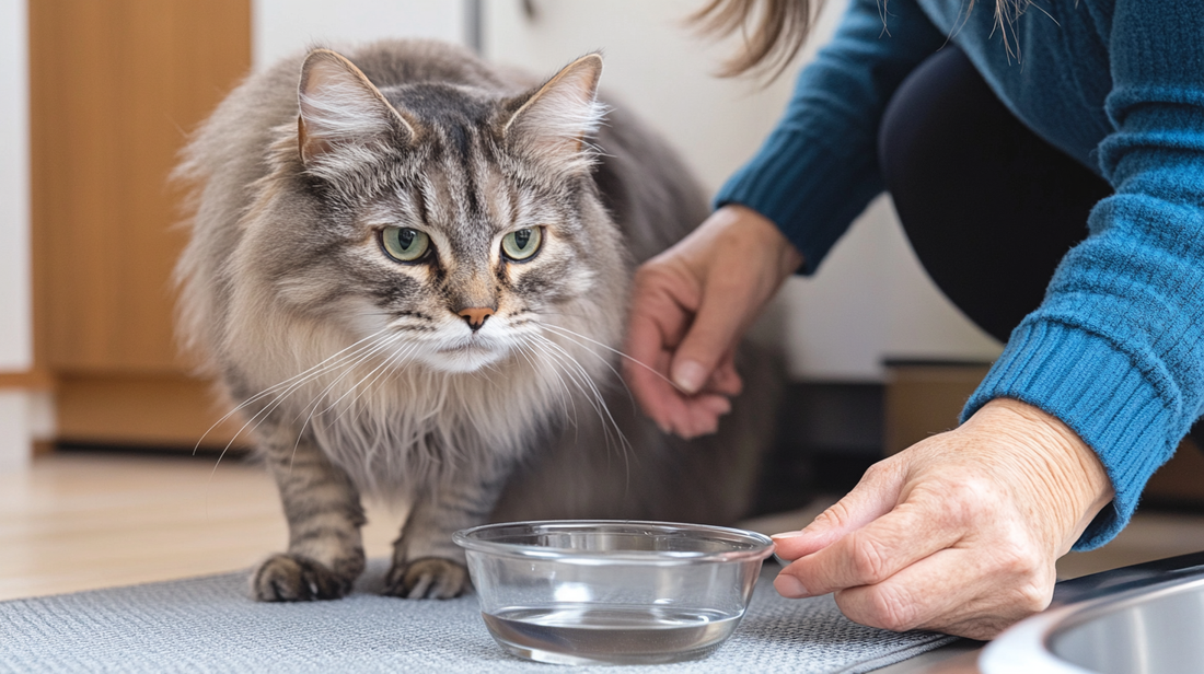 Person offering water to a long-haired tabby cat in a glass bowl indoors.
