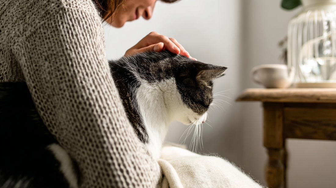 Frau streichelt sanft eine weiß-getigerte Katze, die auf ihrem Schoß in einer gemütlichen Umgebung ruht