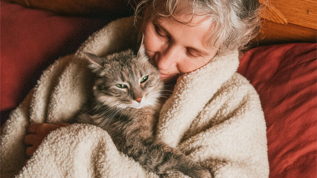 Ältere Frau, die eine grau getigerte Katze in einer kuscheligen Decke kuschelt.