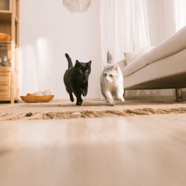 Black and white cats running together indoors on a wooden floor, with sunlight streaming through curtains
