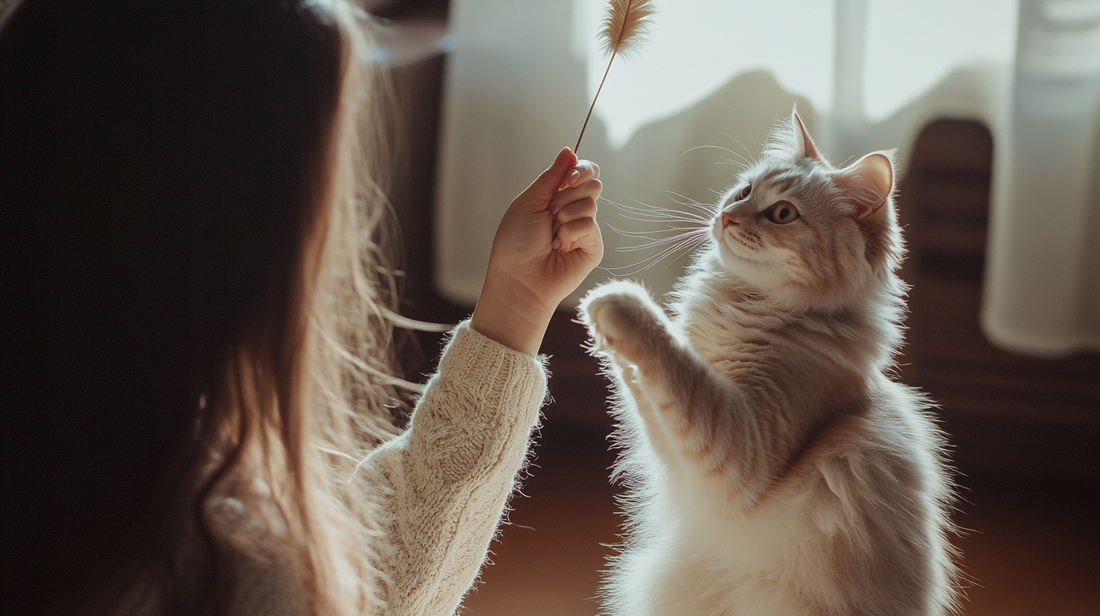 A person with a cream-colored sweater holding a feather toy while a silver tabby cat reaches up with its paw to play. The cat is standing on its hind legs in soft, warm lighting.
