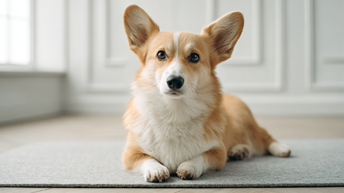 Pembroke Welsh Corgi auf dem Teppich liegend in einem hellen Hausinterieur
