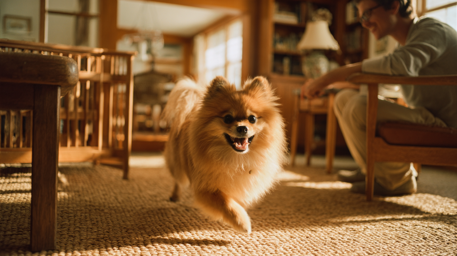 Glücklicher Pomeranian-Hund, der in einem Haus auf einem Teppichboden läuft.
