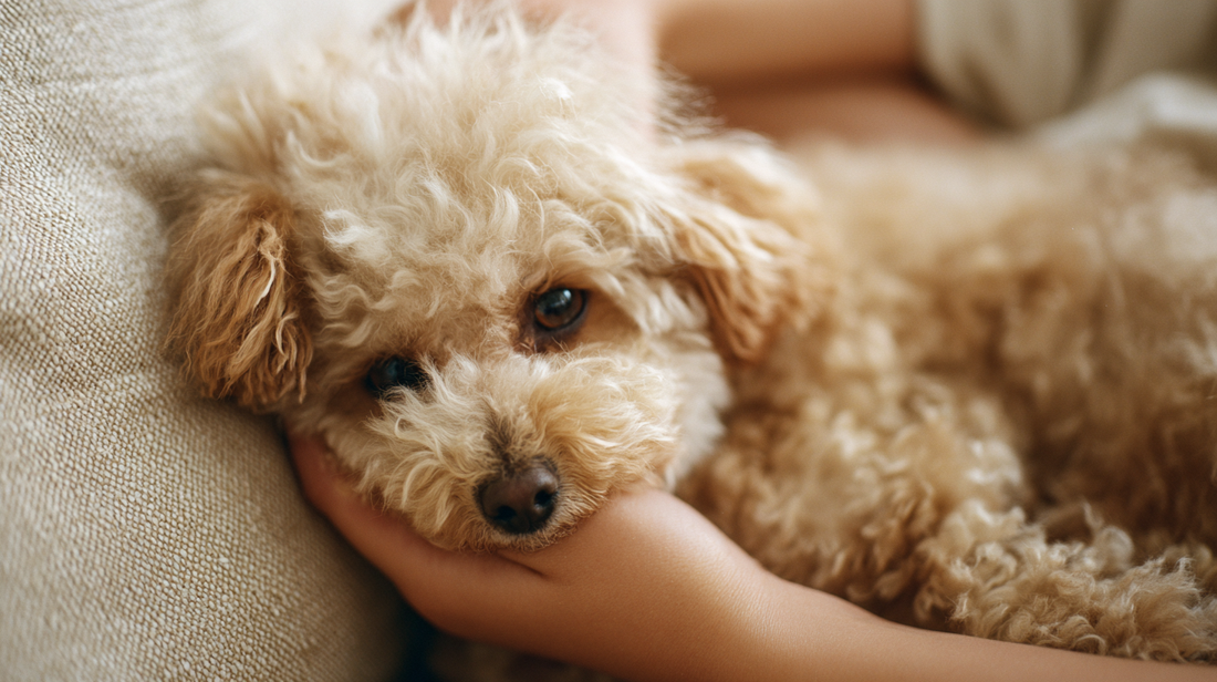 Curly-haired toy poodle resting its head on a person's hand on a couch