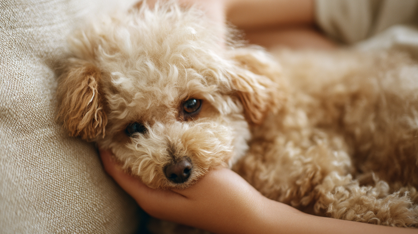 Curly-haired toy poodle resting its head on a person's hand on a couch