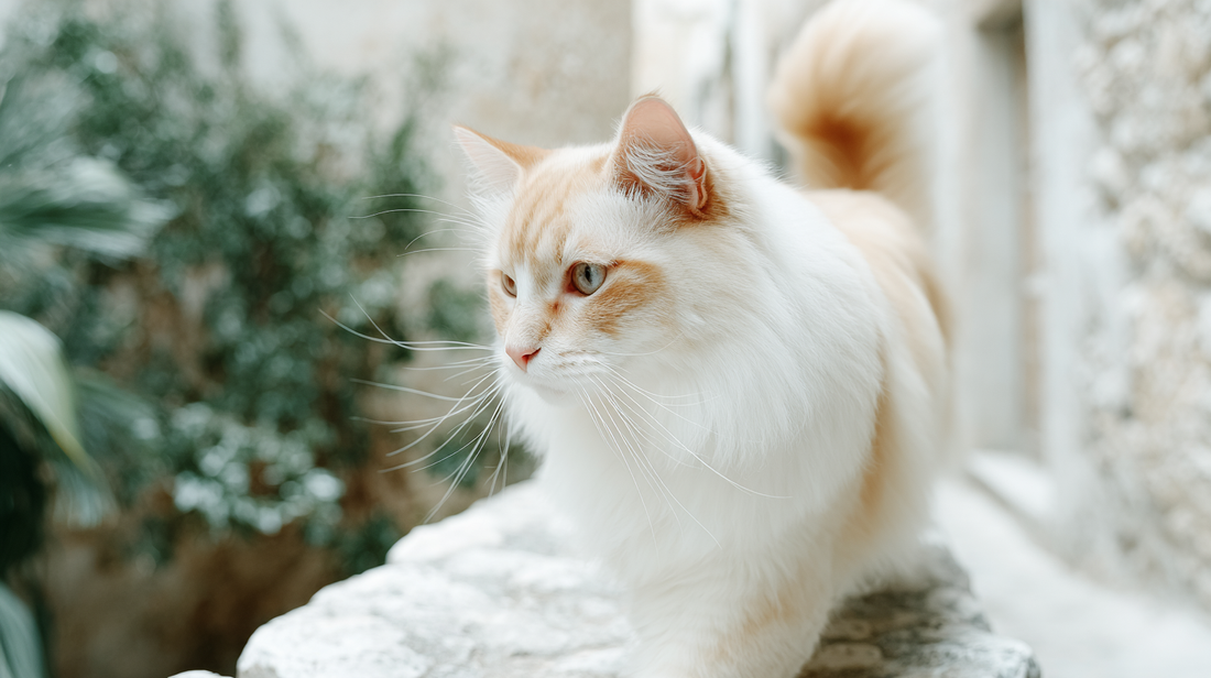 Fluffy cream and white Ragdoll cat with blue eyes outdoor