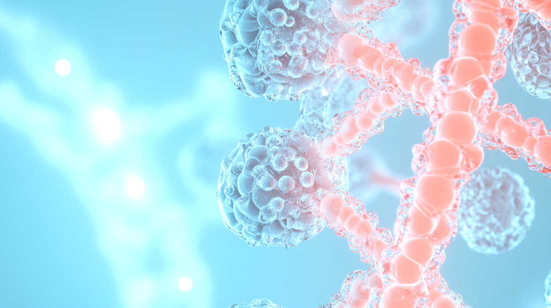 3D visualization of molecular or cellular structures, featuring blue bubble-like spheres connected by pink chain-like structures against a light blue background with glowing points.