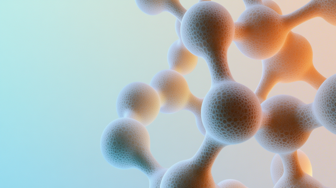 3D molecular structure visualization with interconnected spheres, displayed with blue and orange gradient lighting effects.