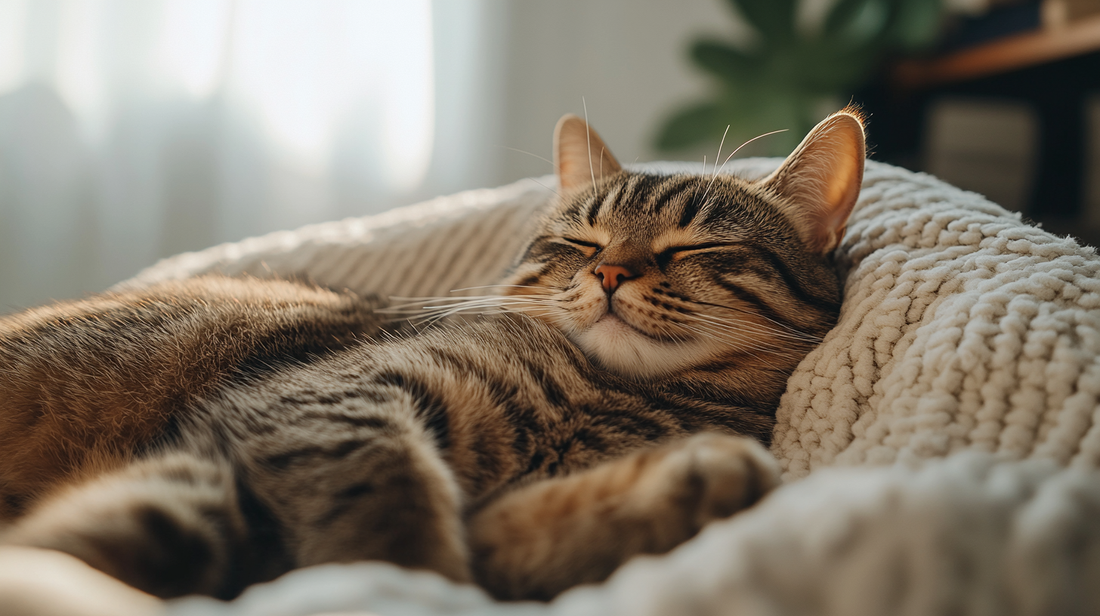 Tabby cat sleeping contentedly with eyes closed on a cream-colored knitted blanket in warm lighting.