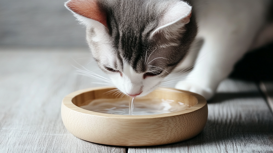 "A gray and white cat drinking water from a wooden bowl"