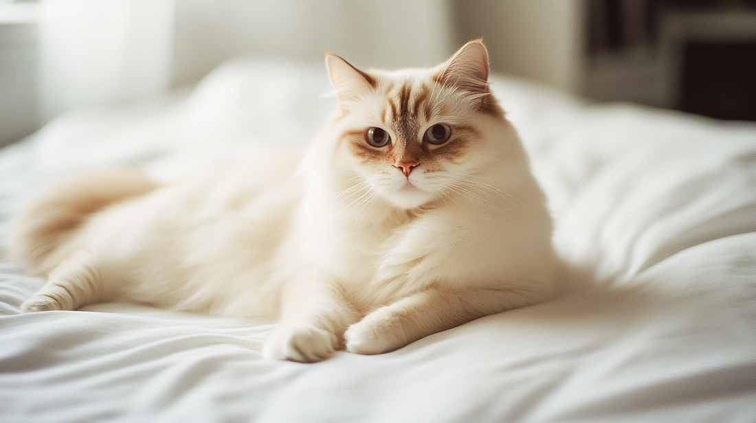 Fluffy cream-colored cat lying comfortably on a white bed, gazing softly at the camera in a sunlit room