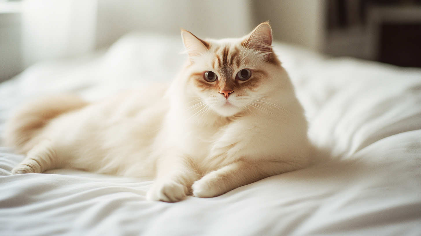 Fluffy cream-colored cat lying comfortably on a white bed, gazing softly at the camera in a sunlit room