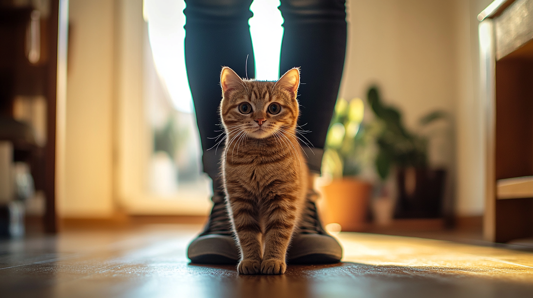 A curious tabby kitten standing between a person's legs, looking up with wide eyes in a warmly lit home interior.