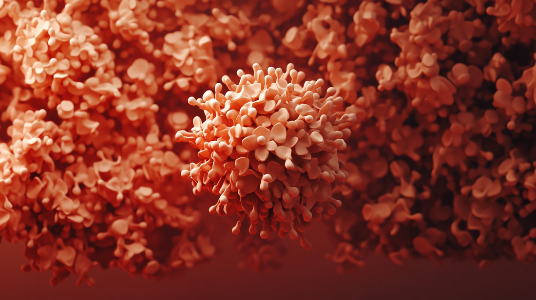A 3D rendering of a red, organic-looking microscopic structure resembling a virus or cell cluster with a textured surface.