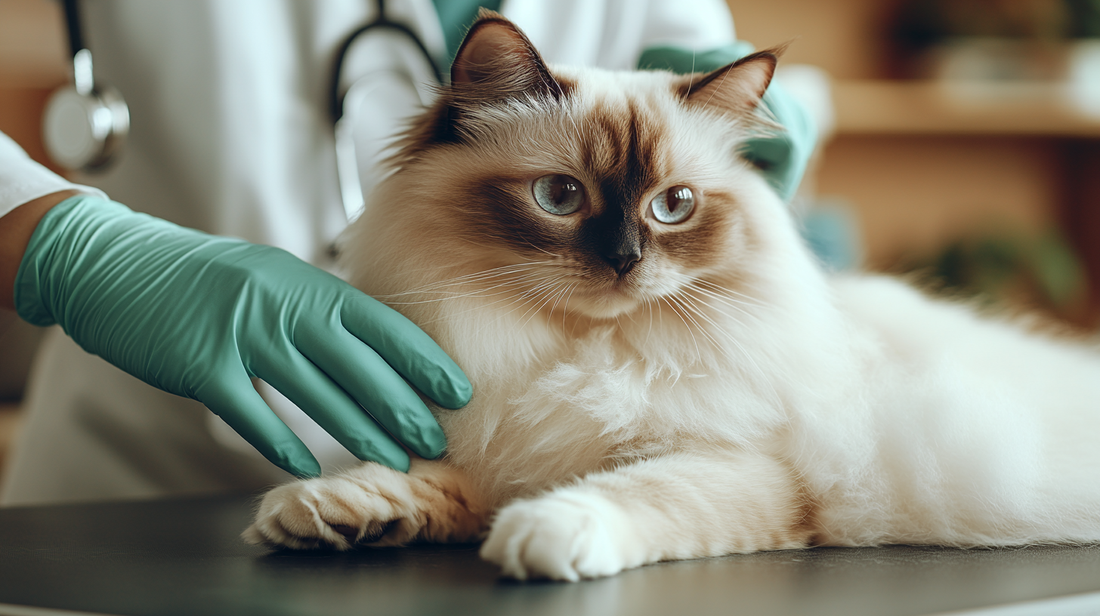 A Siamese cat being examined by a veterinarian wearing green gloves