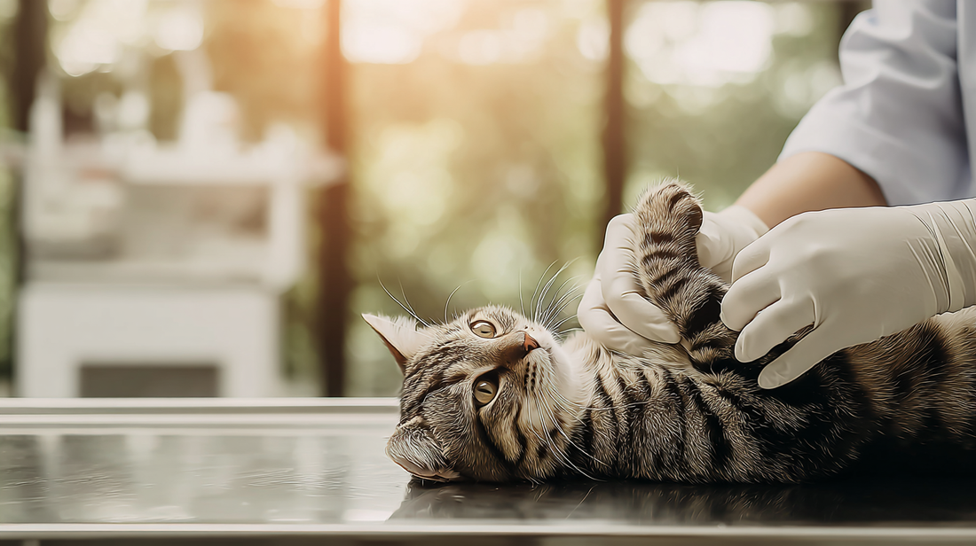 Tabby-Katze, die auf dem Tisch eines Tierarztes liegt und von einer behandschuhten Tierärztin in einer sonnenbeschienenen Klinik untersucht wird