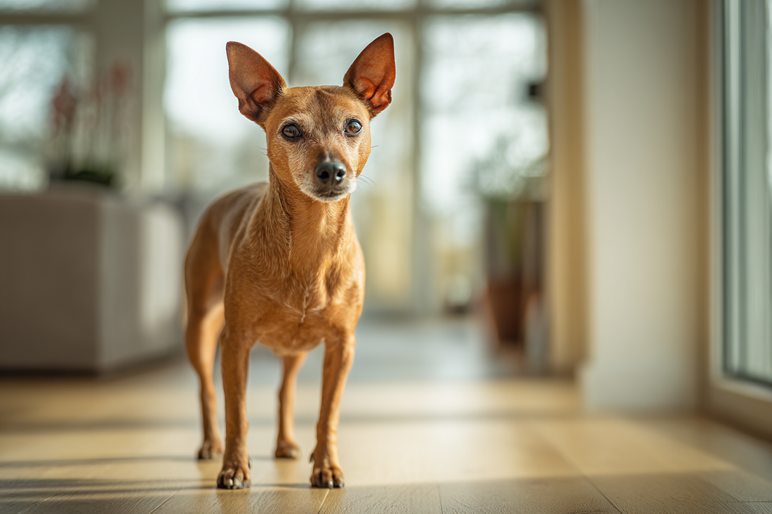 Miniature Pinscher standing alert on wooden floor in sunlit modern home interior