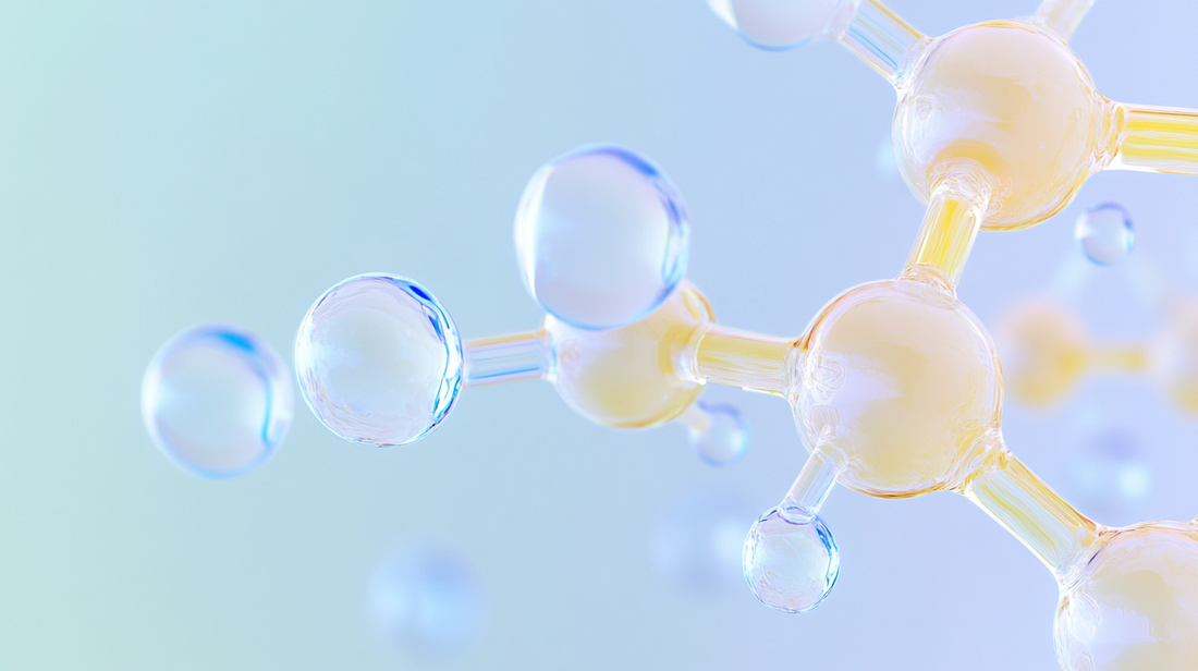 A 3D rendering of translucent molecules connected by bonds, floating in a blue gradient background, symbolizing scientific or chemical research.