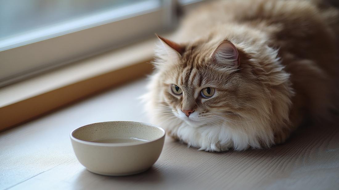 Fluffy tabby cat with white chest sitting next to an empty green bowl against a plain white background