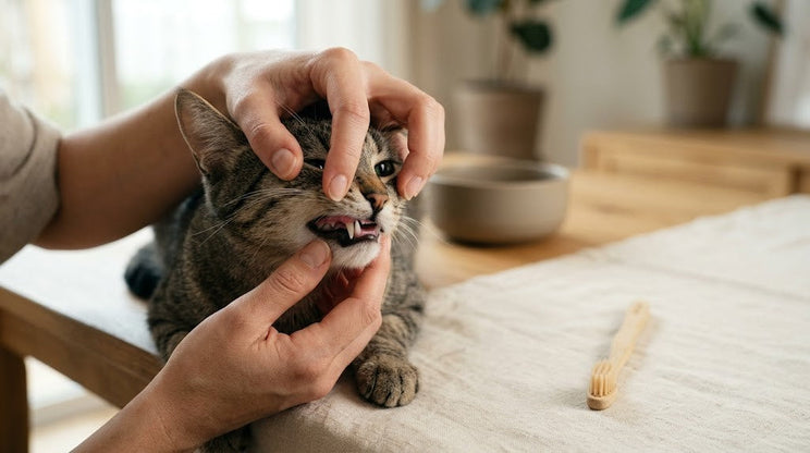 Owner checking a tabby cat's teeth during an at-home cat teeth cleaning routine, with toothbrush nearby.