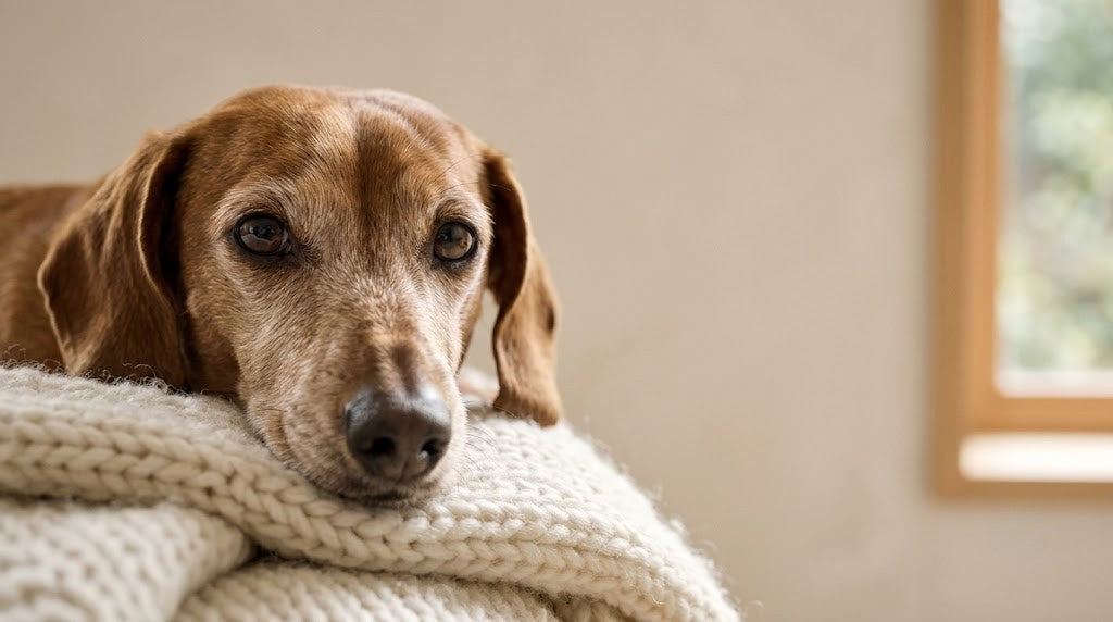 <Senior dachshund resting on a cream knit blanket, illustrating omega 3 for dogs and joint health benefits.
