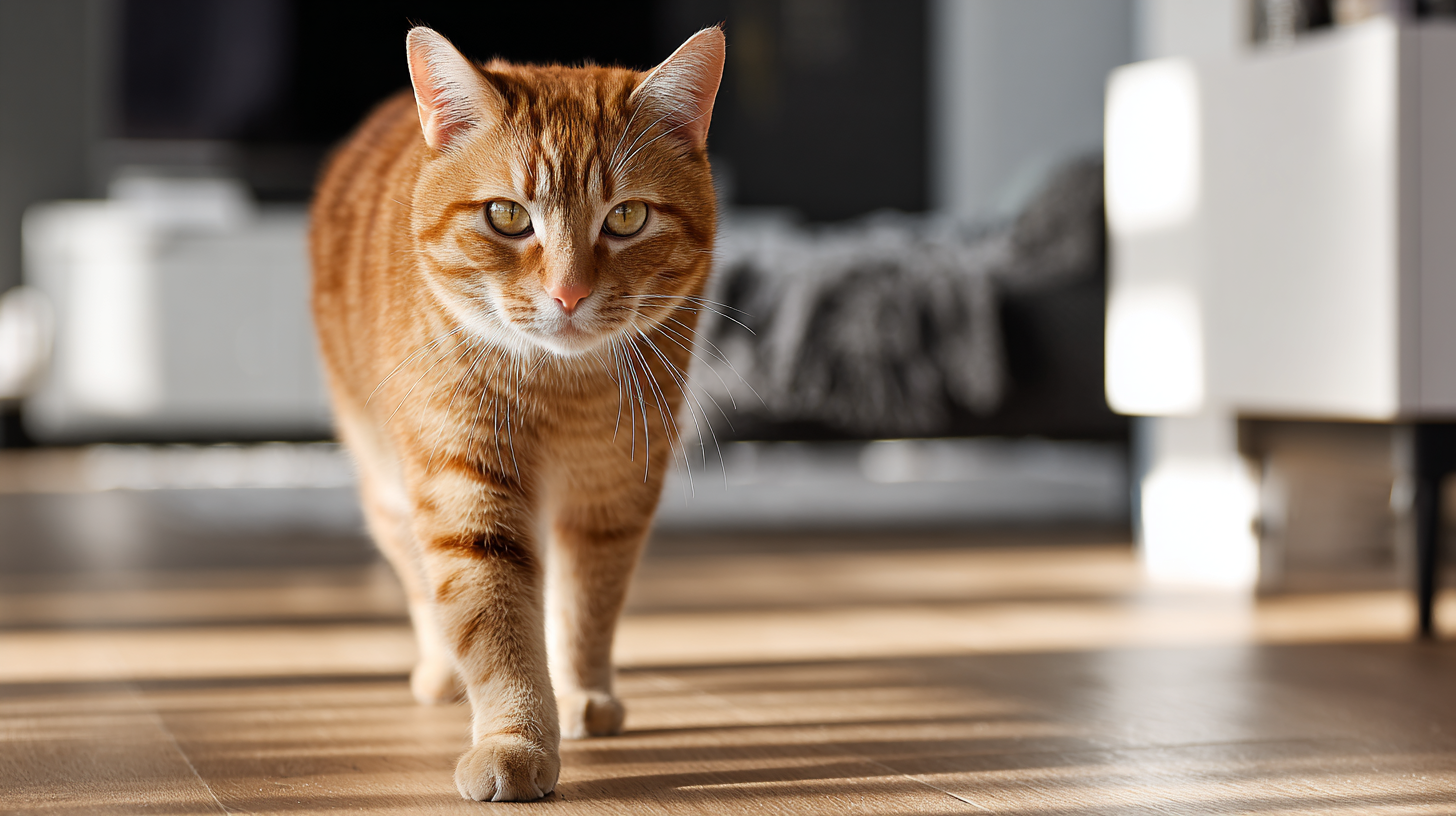 Cat limping front paw: orange tabby walking indoors with front paw raised on hardwood floor.