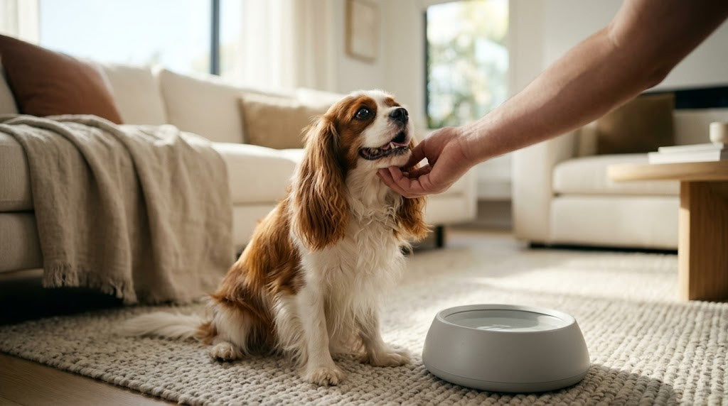 Soins dentaires à l'érythritol pour animaux de compagnie : un propriétaire examine les dents de son épagneul près de son bol d'eau dans le salon.