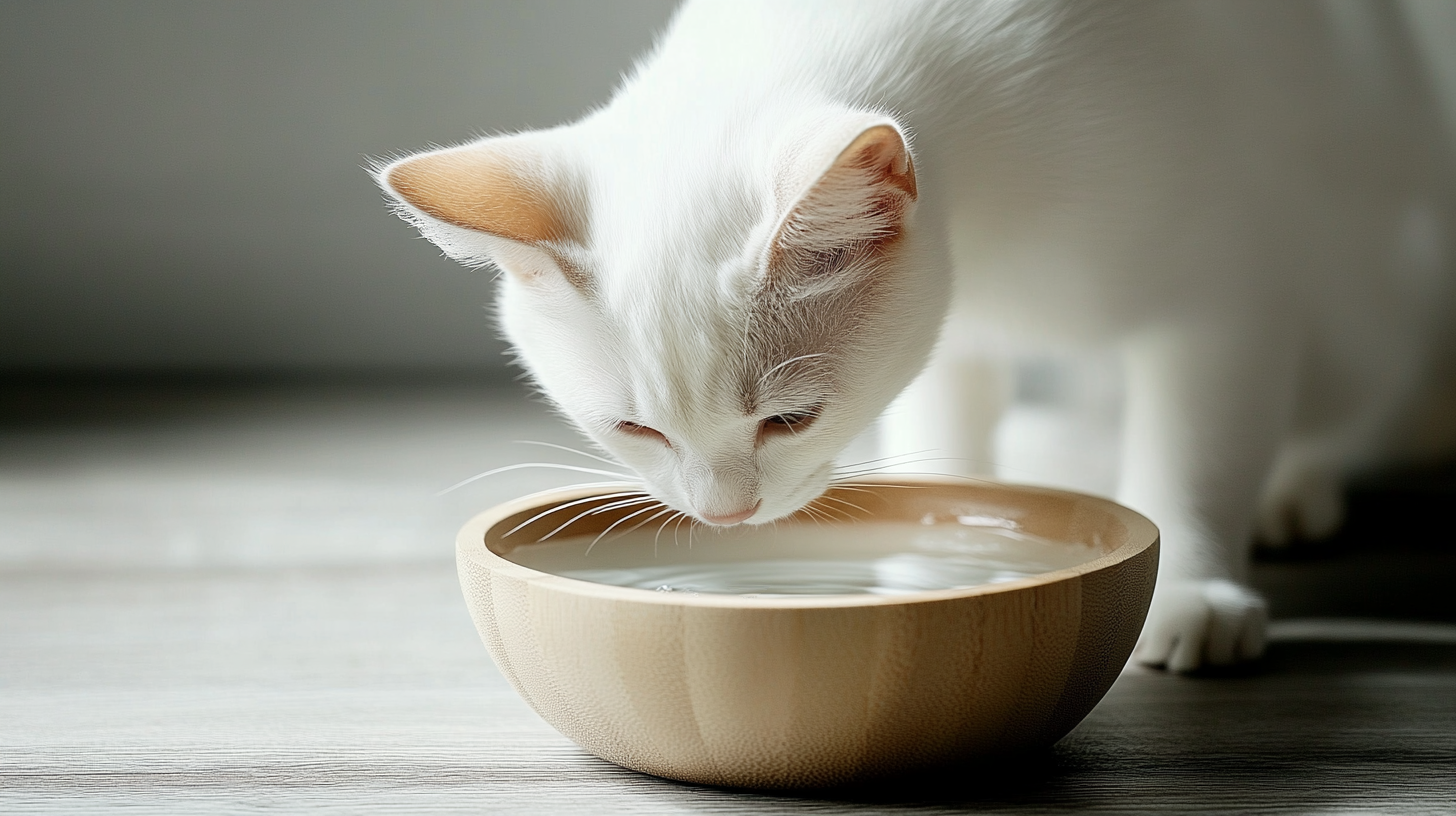 A white cat drinking water from a wooden bowl on a light-colored floor.