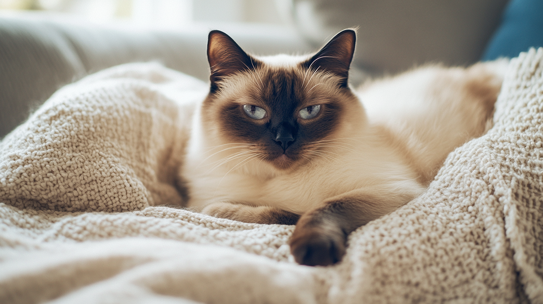Siamese or Birman cat with blue eyes lounging on a cozy beige knitted blanket on a sofa, looking directly at the camera.
