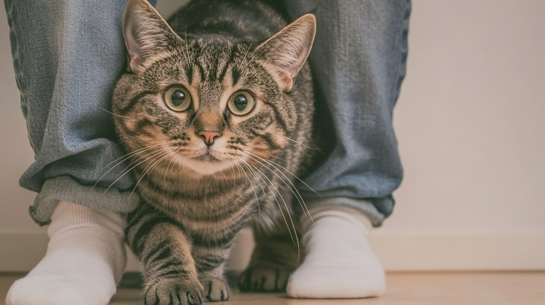 A brown tabby cat with white paws and wide green eyes standing between someone's legs who is wearing blue jeans and white socks
