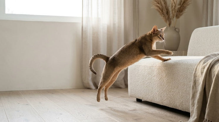 Chat abyssin sautant sur un canapé crème, une belle mobilité articulaire que le collagène soutient chez le chat.