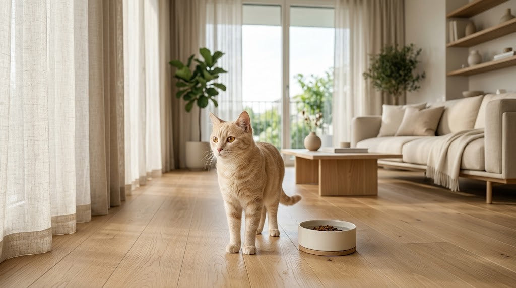 Stärkung des Immunsystems bei Katzen: eine gesunde, cremefarbene Tabbykatze neben dem Fressnapf in einem ruhigen, hellen Wohnzimmer.