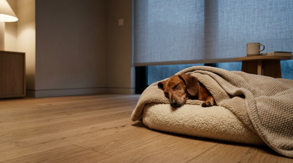Calmer un chien pendant un orage — chien détendu sous une couverture dans un endroit sûr à l'intérieur.