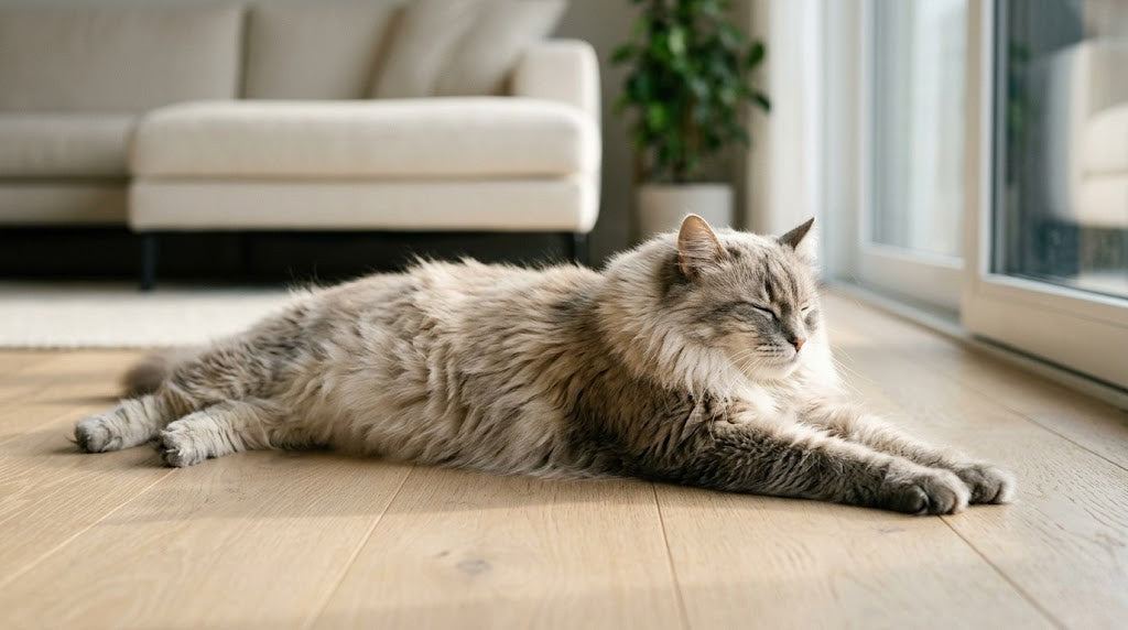 Senior cat mobility decline shown as older fluffy cat rests on floor instead of jumping to higher perches.