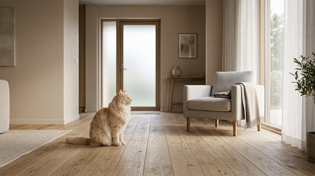 Anxiété de séparation chez le chat : un chat roux attend seul près de la porte d'entrée dans un salon silencieux.