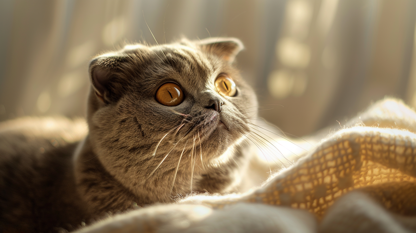 Scottish Fold folded ears cat portrait with golden eyes and soft indoor sunlight.