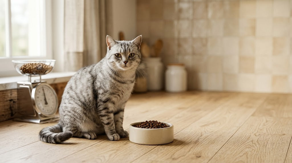 Eine getigerte Katze neben einem abgemessenen Futtnapf und einer Küchenwaage – so hilft man einer Katze beim Abnehmen.