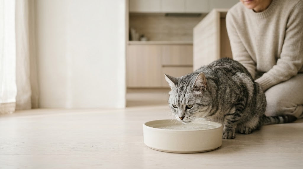 Silver tabby cat drinks from a ceramic bowl as its owner watches, tracking thirst to spot early cat kidney disease stages.