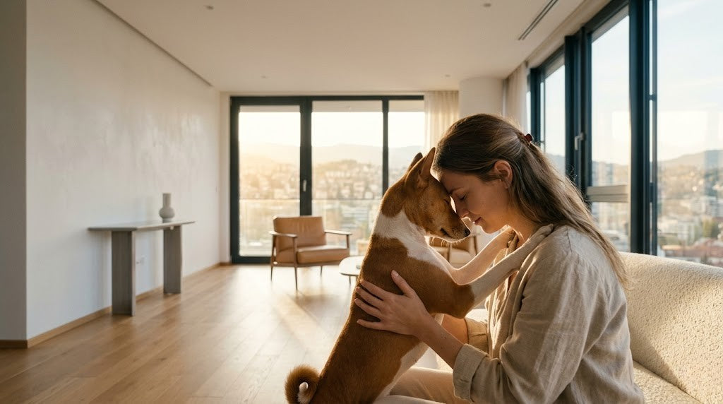 Dog bad breath gone: woman hugs her Shiba Inu forehead-to-forehead in a sunlit living room, restored bond intact.